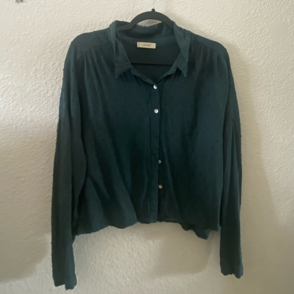 Forest Green Clip Dot Pattern Button Down Longsleeve Shirt Top Blouse - Picture 3 of 7